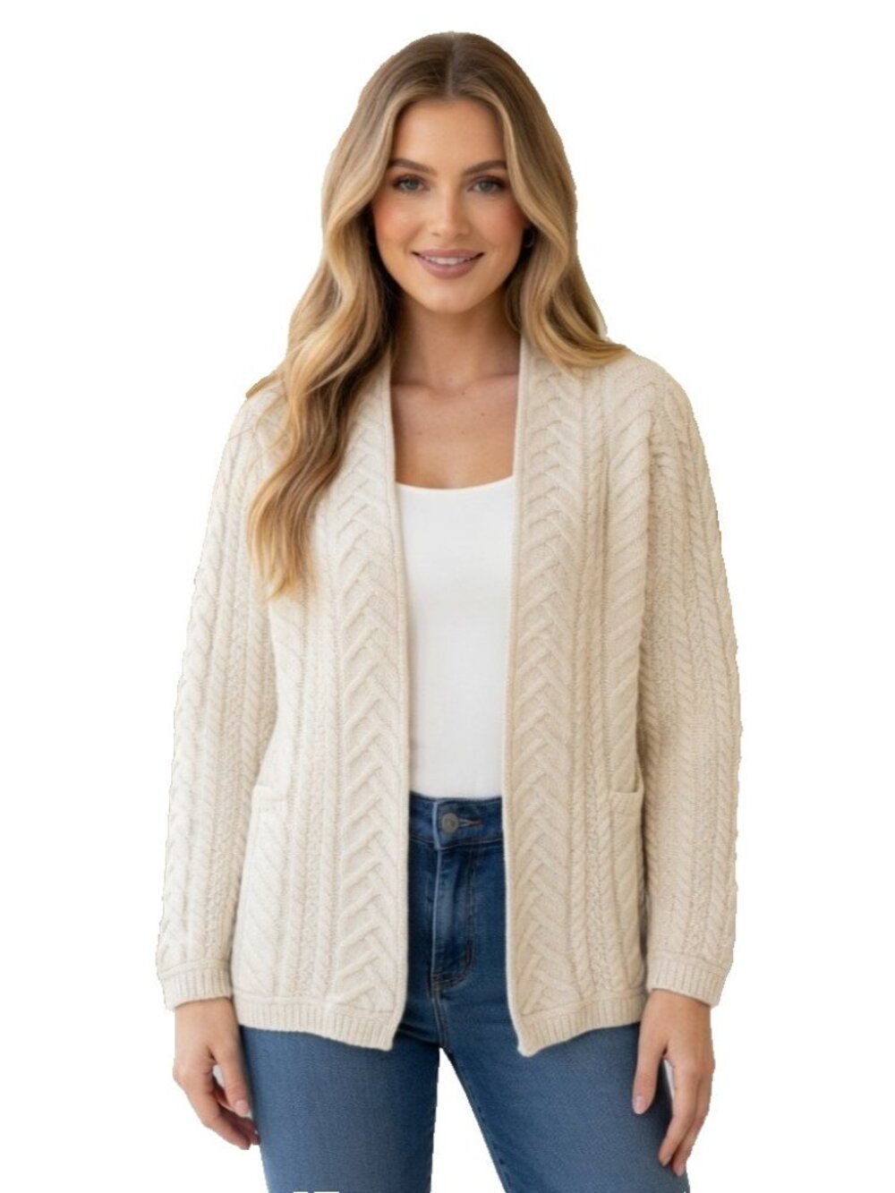 Aran Mor Cream Boiled 100% Merino Wool Cable-Knit Open Cardigan - Ireland